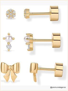 Flat Back Earrings Set - CZ Bow Pearl Stud Screw Back Cartilage Helix Piercing